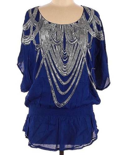 Alberto Makali Vintage y2k  Blue Blouse Lightweight Sequins Beads Elastic Waist L