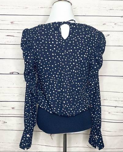 Carmen Marc Valvo  Navy Blue Polka Dot Puff Sleeve Blouse Size Small