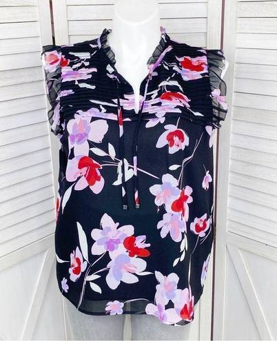 Calvin Klein  Floral Ruffle Trim Sleeveless Blouse Black Purple 1X