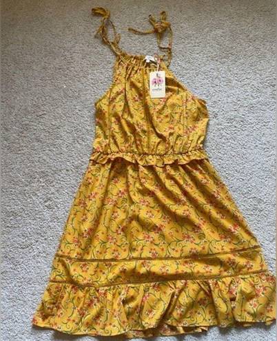 Entro  Golden Ruffled Floral Summer Dress with Tie Straps