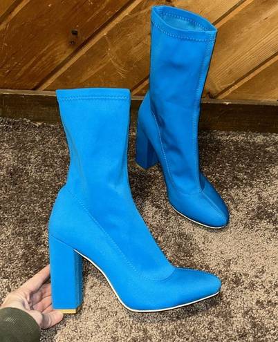EGO  neon blue fitted stretch high ankle block chunky heel boots