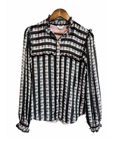 Jason Wu  High Neck Button Down Long Sleeve Ruffle Blouse Purple Green Plaid 4