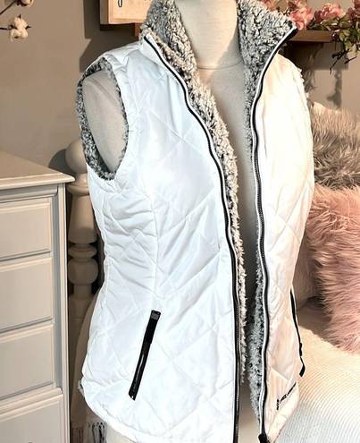 Free Country White Puffer Vest Reversible Charcoal Frosted Sherpa Zip Ski Jacket Womens Small