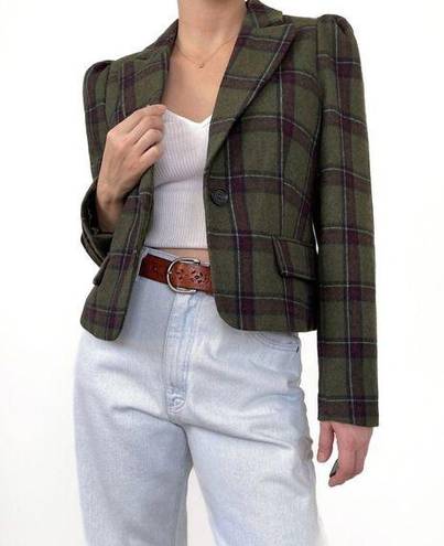 Modcloth  Wool Blend Plaid Cropped Blazer Jacket Sz M Puff Sleeves Army Green