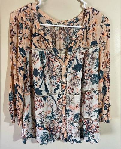 Lucky Brand SZ MD Mixed Print Peasant Top