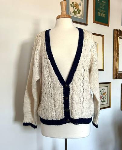 Vintage Contrast Cream And Navy Cardigan Sweater Blue Size M