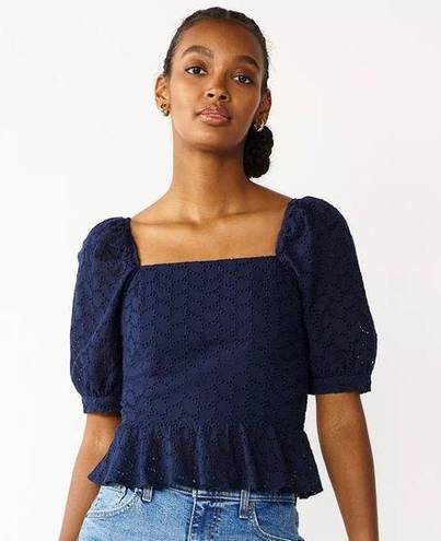 Draper James  Navy Blue Puff Sleeve Square Neckline Peplum Hem Eyelet Top size M