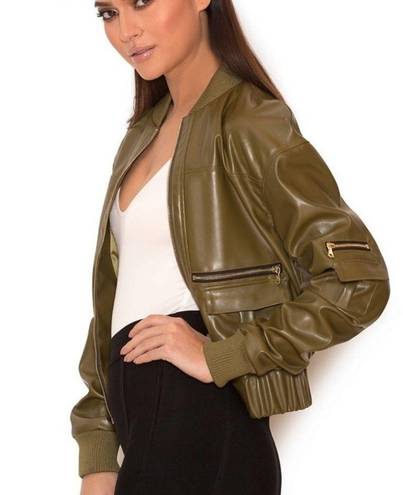 House Of CB  London Olive Green Faux Vegan Leather Bomber
Jacket Size XS