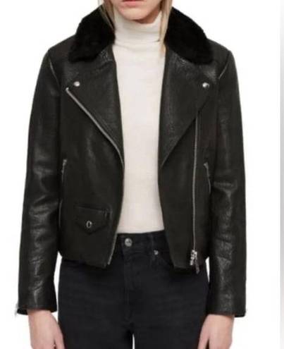 ALLSAINTS  Pataya Lux Black Leather Biker Jacket with Fur Collar