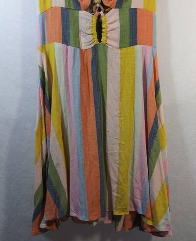 Angie  Pina Colda Striped Short Sleeve Strappy Neck Dress Boho Size L