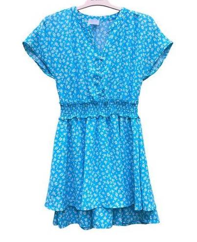 Sienna Sky  Women White Small Floral Aqua Blue Mini Dress Medium