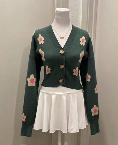 Daisy Bailey Rose Green Pink & Pale Yellow  Floral Cropped Cardigan Sweater - S