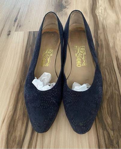 Salvatore Ferragamo Vintage  Navy Blue Suede Almond Toe Slip on Shoes