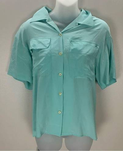 Oscar de la Renta  100% Silk Teal Blue Green Button Down Top size 6 short sleeve