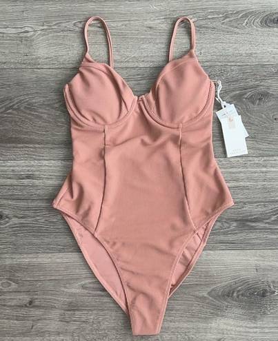 Good American NEW  Rib Show Off One Piece Cheeky Swimsuit Desert Rose Pink Medium