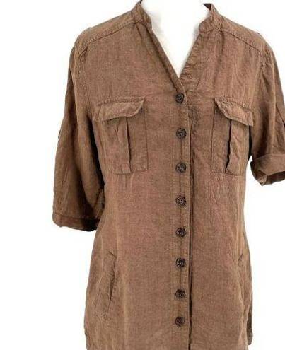 Coldwater Creek 100% Linen Button Front Tunic Blouse Safari Brown size Small