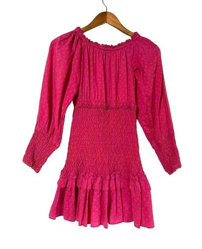 Alexis  Marilena Smocked Off-shoulder Blouson-sleeve Dress Fuchsia Dot Small