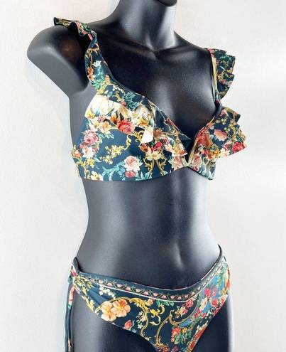 Agua Bendita  Malena Sweetheart Ruffle Two Piece Floral Bikini Green Large