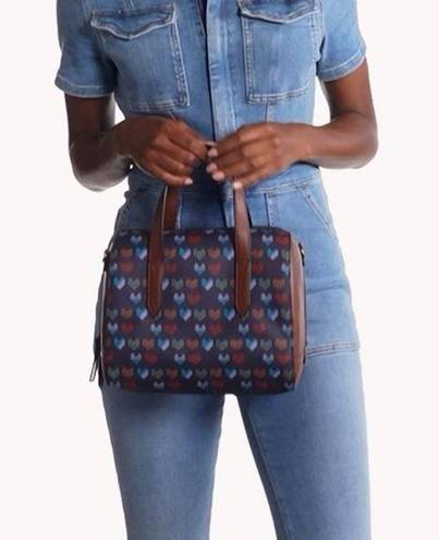 Fossil  Sydney Satchel Brown and Navy With Hearts Med Size Crossbody Satchel Bag