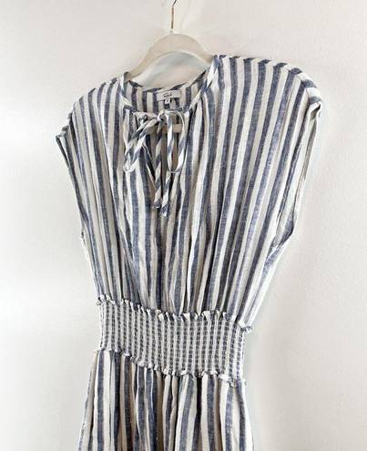 Rails  Ashlyn Rio Striped Cap Sleeve Smocked Tie Neck Midi Dress Blue White XS