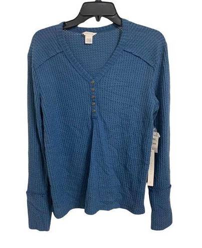 Caslon  Blue High Cuff Henley Top Long Sleeves V-Neck Size Medium NWT