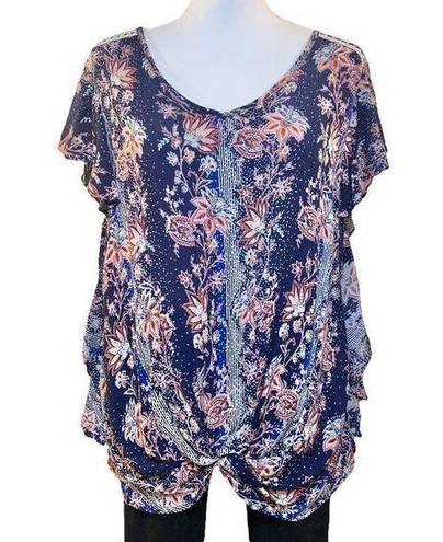 Live and let live Women's  blue floral flutter sleeve top