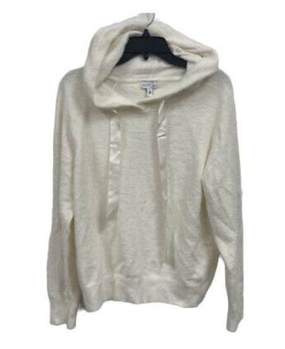 Olivia Sky  Eyelash Knit Hoodie, Satin Hoodie Drawstrings in Ivory Size Large NWT