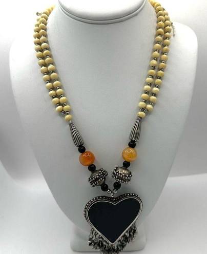 Onyx Tribal bone beaded carnelian and  heart pendant necklace