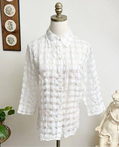 Coldwater Creek Woven Linen Windowpane Plaid Sheer Button Down Top Small