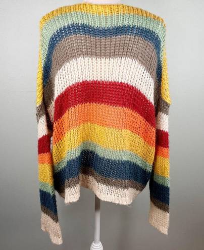 Elan  Sweater Rainbow Oversized Open Knit Stripes Large V-Neck