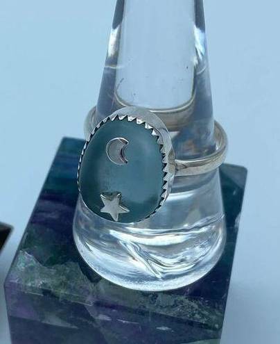 The Moon  & Star Sea Tumbled Sea Foam Sea Glass Sterling Silver Ring Size 10