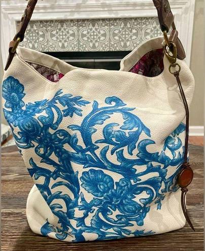 Elliott Lucca Blue & Cream Floral Pebbled Leather Hobo Bag Purse