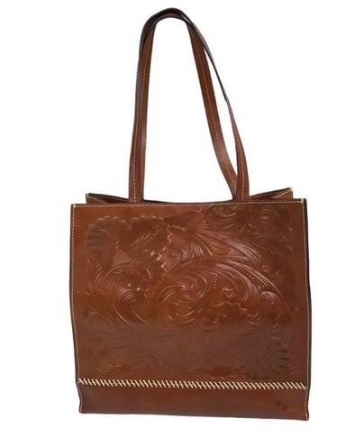 Patricia Nash  Toscano Florence Wax Tooled Tote Bag Embossed Italian Leather Tan