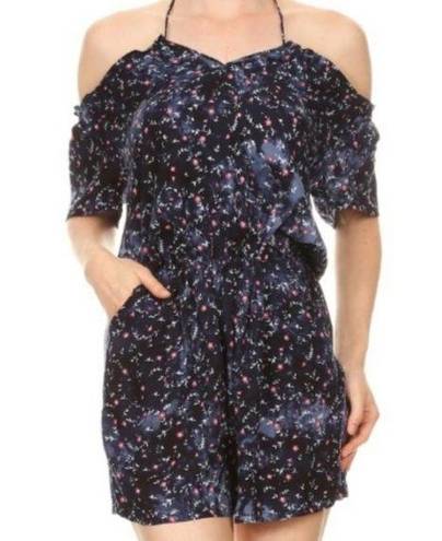 One Piece Floral Romper Off Shoulder Cold Navy Shorts Flowers  Outfit Jumpsuit L