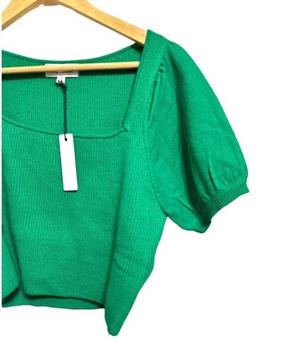 The Moon Day +  Green ribbed square neck puff sleeve sweater size Medium NEW