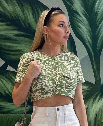 Revolve Green And White Cropped Button Up