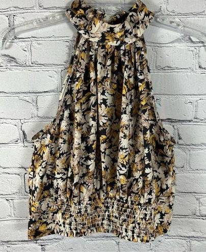 fab'rik Fab’rik Women’s Halter Sleeveless Blouse Smocked Hem Floral Black Beige Gold M