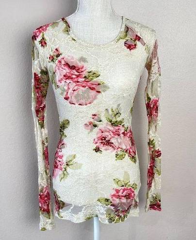 Kirra  Floral Mesh Lace Long Sleeve Top Womens Size S Cream Sheer Fitted Stretch