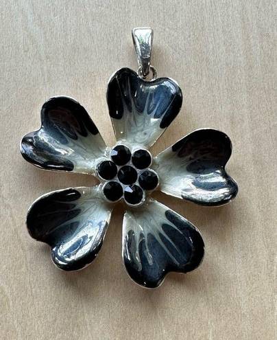 Petal Five  Dark Navy Blue Flower Necklace Pendant with Black Pistil Rhinestones