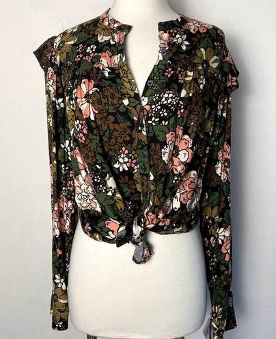 Treasure & Bond  Floral Print Flower Ruffle Frill Trim Button Long Sleeve Shirt