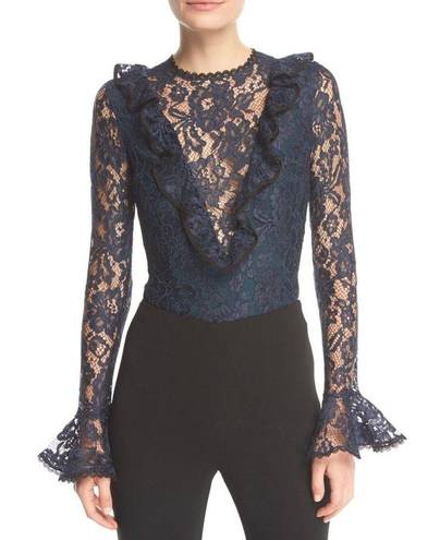 Alexis  Small Lace Bodysuit Long Ruffle Sleeve Pollie Navy Blue Black Flare Bell