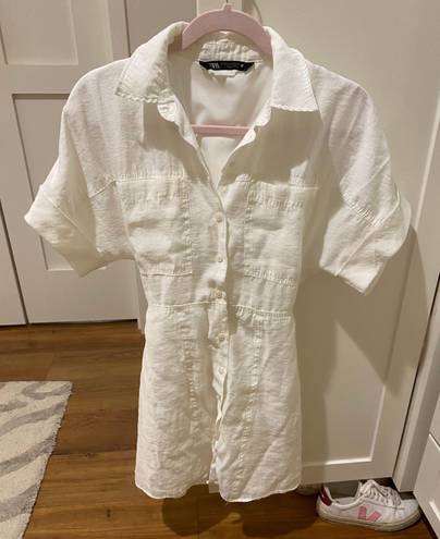 ZARA White Linen Button Down Collared Dress