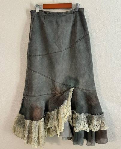 Vintage 90s Y2K West 36th Denim Floral Beaded Lace Midi Maxi Skirt Western M Size M