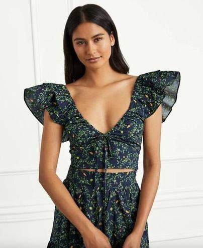 Hill House  Home The Alexa Top Cropped Floral Print V-Neck Navy Blue Green S