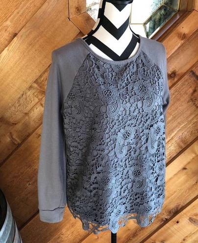 Adrianna Papell  Grey Crew Neck Floral Lace Overlay Sweatshirt Medium