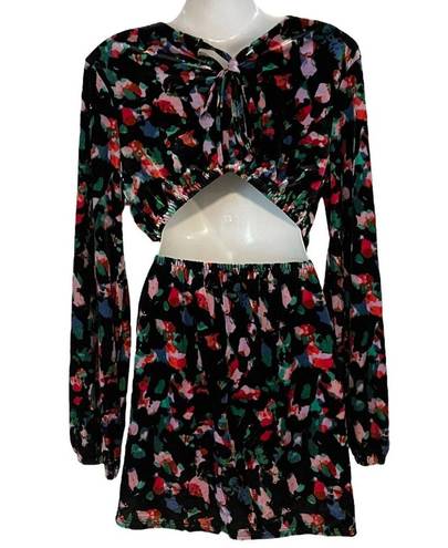 Open Edit  Floral Print Open Back Velour Long Sleeve Minidress NWOT Size Medium