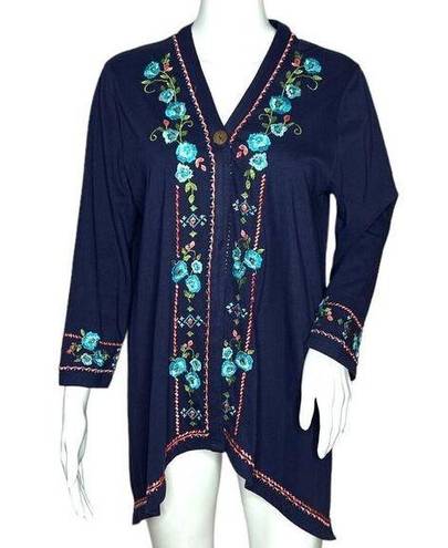 Coldwater Creek  Sweater Women Small Navy Blue Embroider Floral Cardigan Bohemian