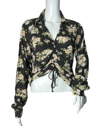 Oak + Fort  Shirt Womens Medium Black Cream Floral Flowers Ruched Tie Front Bloom