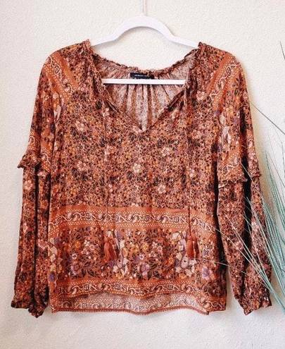 American Eagle Outfitters Floral Tassel Peasant Top Multi