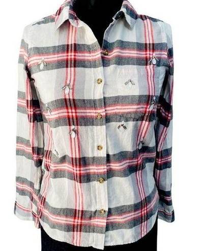 SO Sz S Embellished Plaid Flannel Button Down Top